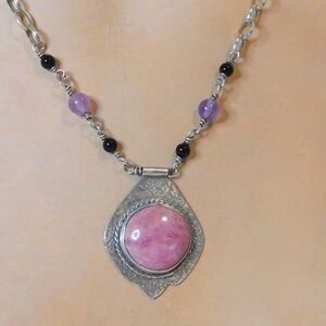 Pink Round Rhodonite Cabochon Beaded Necklace Sterling Silver - by Konnie K